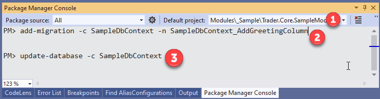 Example of adding migrations using the Package Manager Console in Visual Studio 2019.